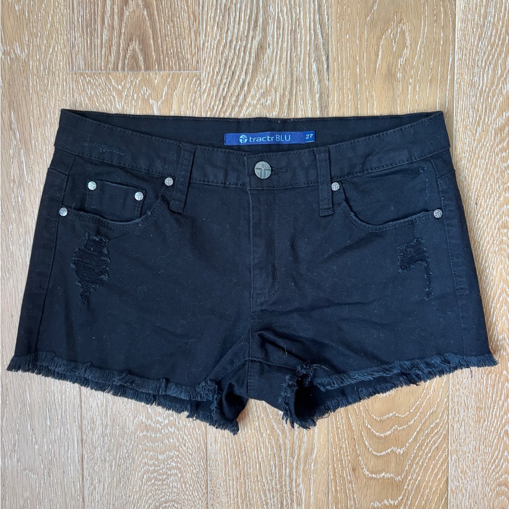 Tractr BLU Black Denim Shorts Size 27 Distressed Edge